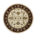 6'1"x6'1" Ivory, Wool and Silk, Hand Knotted, All Over Leaf Design, Thick and Plush, Oriental, Round Rug