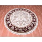 6'1"x6'1" Ivory, Wool and Silk, Hand Knotted, All Over Leaf Design, Thick and Plush, Oriental, Round Rug - Image 2