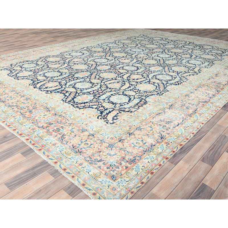 11'7"x15'9" Yale Blue, Vintage Persian Kerman with All Over Flower and Branch Design, Pure Wool, Hand Knotted, Evenly Worn, Cleaned with Sides and Edges Professionally Secured, Oversized Oriental Rug Sh85272 - Image 3