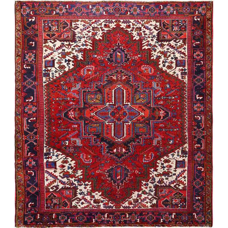 8'6"x10'4" Crimson Red with Ivory Corners, Semi Antique Bohemian Persian Heriz, Hand Knotted, Good Condition, Distressed Feel, Pure Wool, Sides and Ends Professionally Secured, Cleaned, Oriental Rug Sh85311