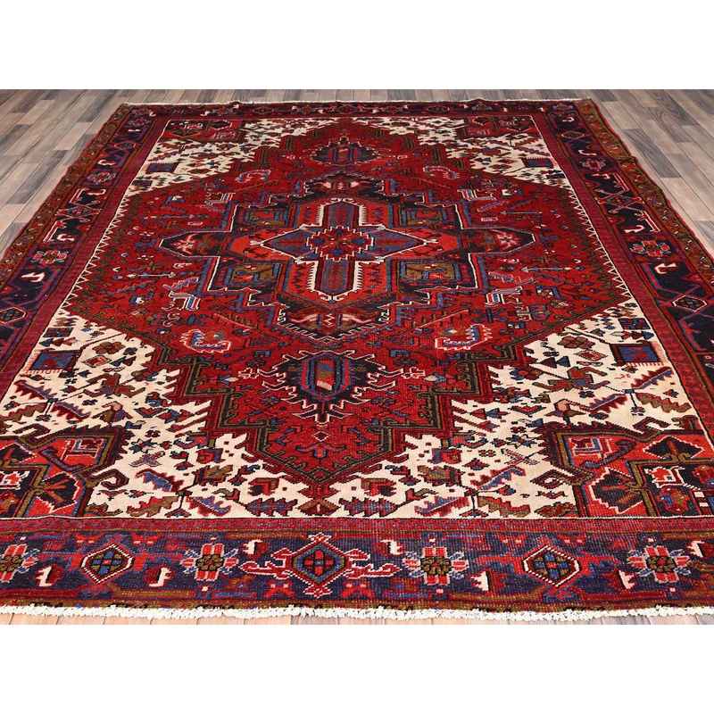 8'6"x10'4" Crimson Red with Ivory Corners, Semi Antique Bohemian Persian Heriz, Hand Knotted, Good Condition, Distressed Feel, Pure Wool, Sides and Ends Professionally Secured, Cleaned, Oriental Rug Sh85311 - Image 2