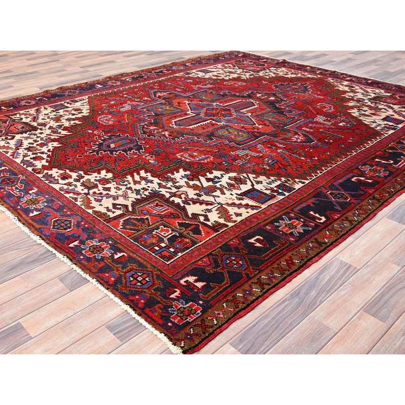 8'6"x10'4" Crimson Red with Ivory Corners, Semi Antique Bohemian Persian Heriz, Hand Knotted, Good Condition, Distressed Feel, Pure Wool, Sides and Ends Professionally Secured, Cleaned, Oriental Rug Sh85311 - Image 3
