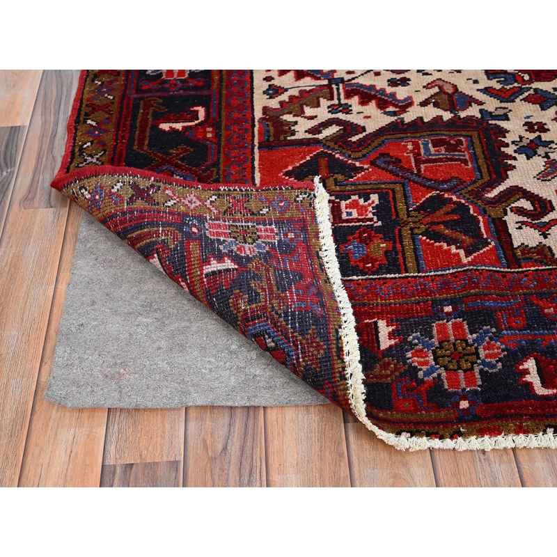 8'6"x10'4" Crimson Red with Ivory Corners, Semi Antique Bohemian Persian Heriz, Hand Knotted, Good Condition, Distressed Feel, Pure Wool, Sides and Ends Professionally Secured, Cleaned, Oriental Rug Sh85311 - Image 4