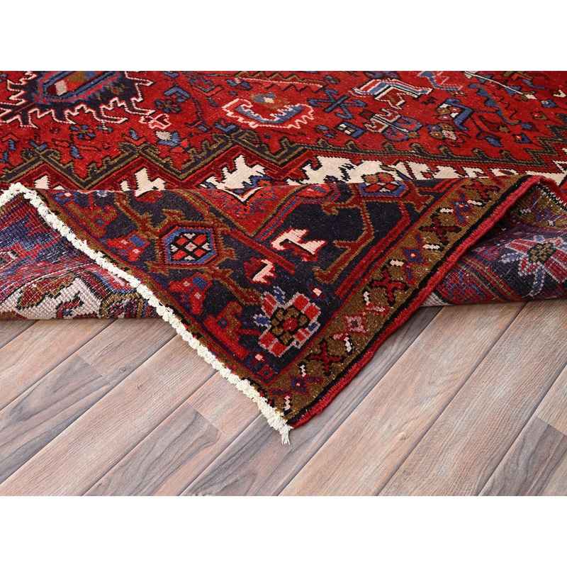8'6"x10'4" Crimson Red with Ivory Corners, Semi Antique Bohemian Persian Heriz, Hand Knotted, Good Condition, Distressed Feel, Pure Wool, Sides and Ends Professionally Secured, Cleaned, Oriental Rug Sh85311 - Image 6