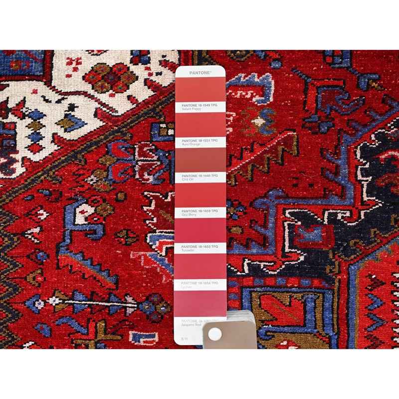 8'6"x10'4" Crimson Red with Ivory Corners, Semi Antique Bohemian Persian Heriz, Hand Knotted, Good Condition, Distressed Feel, Pure Wool, Sides and Ends Professionally Secured, Cleaned, Oriental Rug Sh85311 - Image 7
