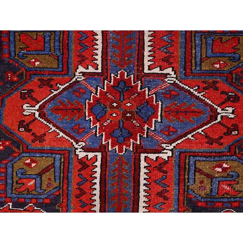 8'6"x10'4" Crimson Red with Ivory Corners, Semi Antique Bohemian Persian Heriz, Hand Knotted, Good Condition, Distressed Feel, Pure Wool, Sides and Ends Professionally Secured, Cleaned, Oriental Rug Sh85311 - Image 8