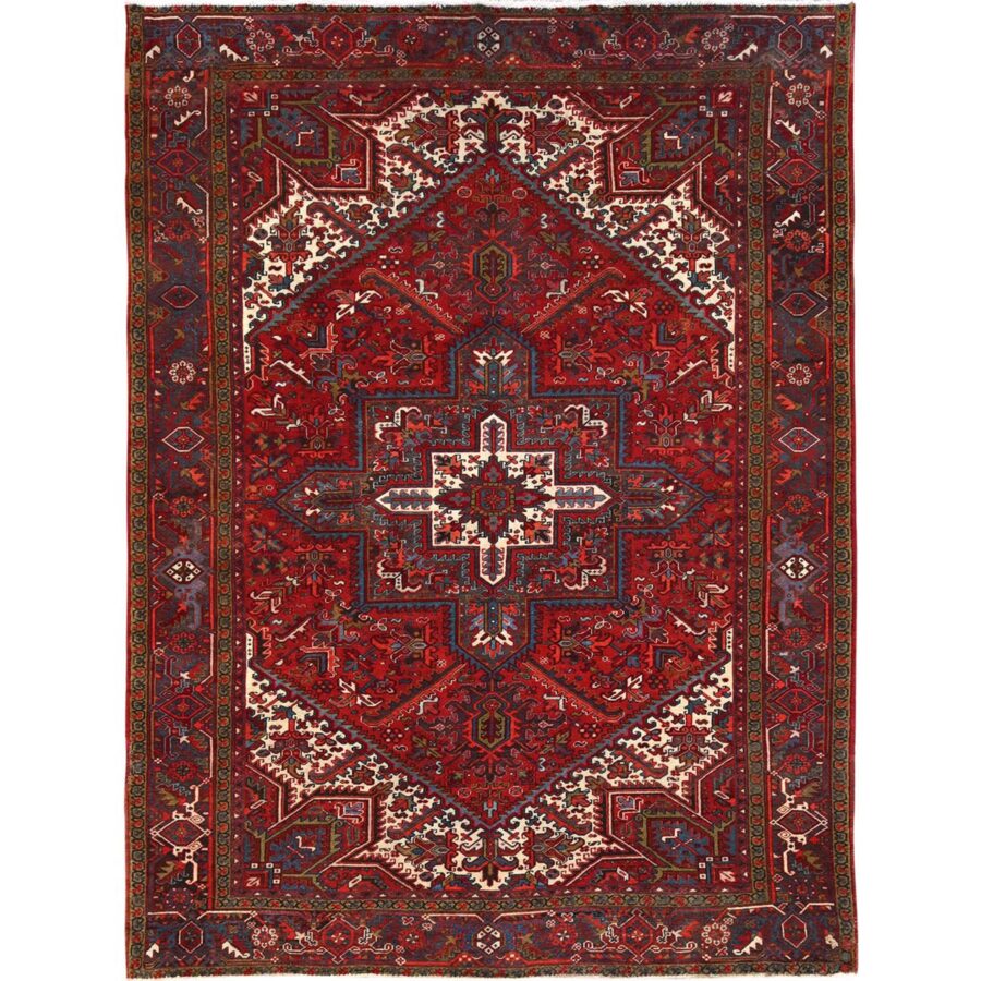 8'4"x10'10" Crimson Red, Good Condition, Distressed Feel, Evenly Worn, Pure Wool, Hand Knotted, Vintage Persian Heriz with Geometric Pattern, Oriental Rug Sh85588