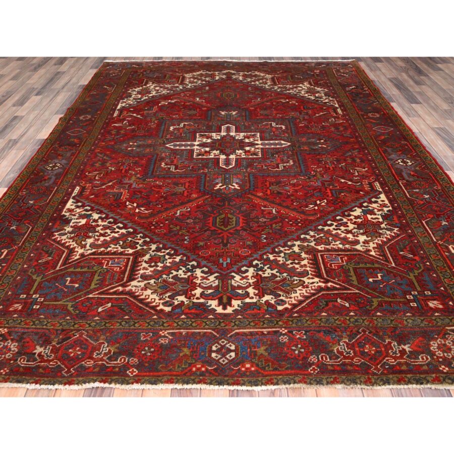8'4"x10'10" Crimson Red, Good Condition, Distressed Feel, Evenly Worn, Pure Wool, Hand Knotted, Vintage Persian Heriz with Geometric Pattern, Oriental Rug Sh85588 - Image 5