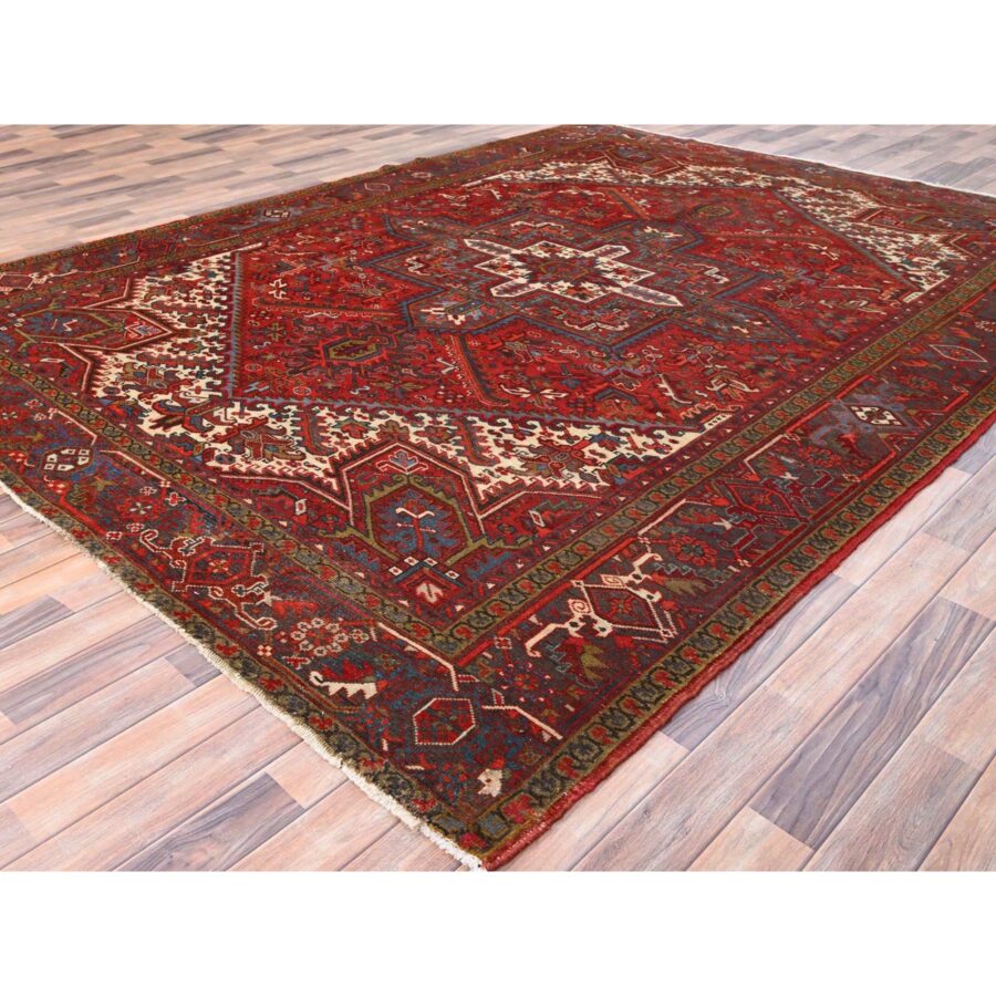 8'4"x10'10" Crimson Red, Good Condition, Distressed Feel, Evenly Worn, Pure Wool, Hand Knotted, Vintage Persian Heriz with Geometric Pattern, Oriental Rug Sh85588 - Image 4