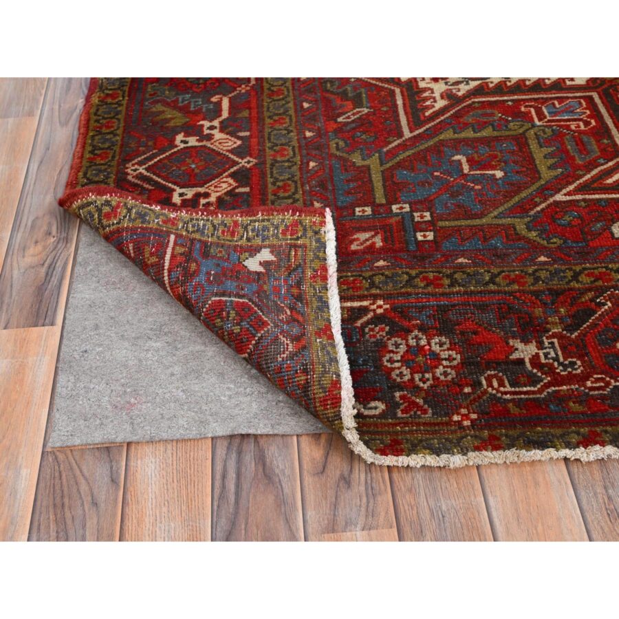 8'4"x10'10" Crimson Red, Good Condition, Distressed Feel, Evenly Worn, Pure Wool, Hand Knotted, Vintage Persian Heriz with Geometric Pattern, Oriental Rug Sh85588 - Image 3