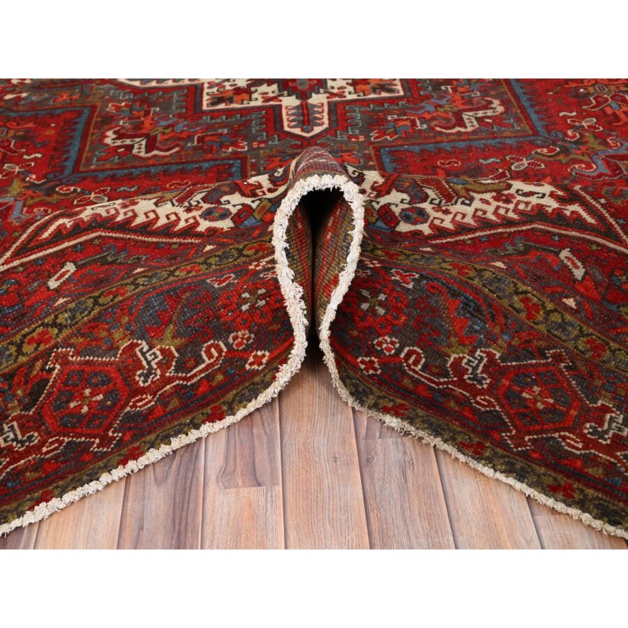 8'4"x10'10" Crimson Red, Good Condition, Distressed Feel, Evenly Worn, Pure Wool, Hand Knotted, Vintage Persian Heriz with Geometric Pattern, Oriental Rug Sh85588 - Image 2
