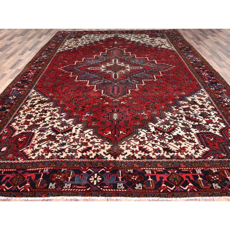 9'9"x13'3" Imperial Red, Semi Antique Persian Heriz, Good Condition, Distressed Look, Pure Wool, Hand Knotted, Oriental Rug Sh85682 - Image 5