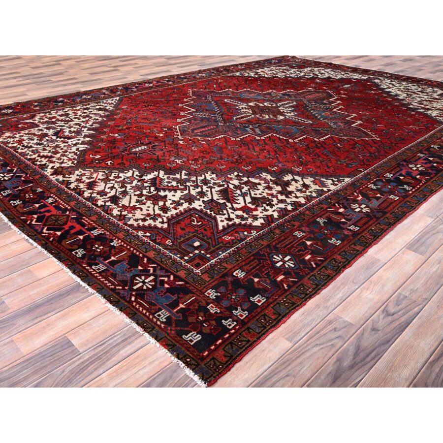 9'9"x13'3" Imperial Red, Semi Antique Persian Heriz, Good Condition, Distressed Look, Pure Wool, Hand Knotted, Oriental Rug Sh85682 - Image 4