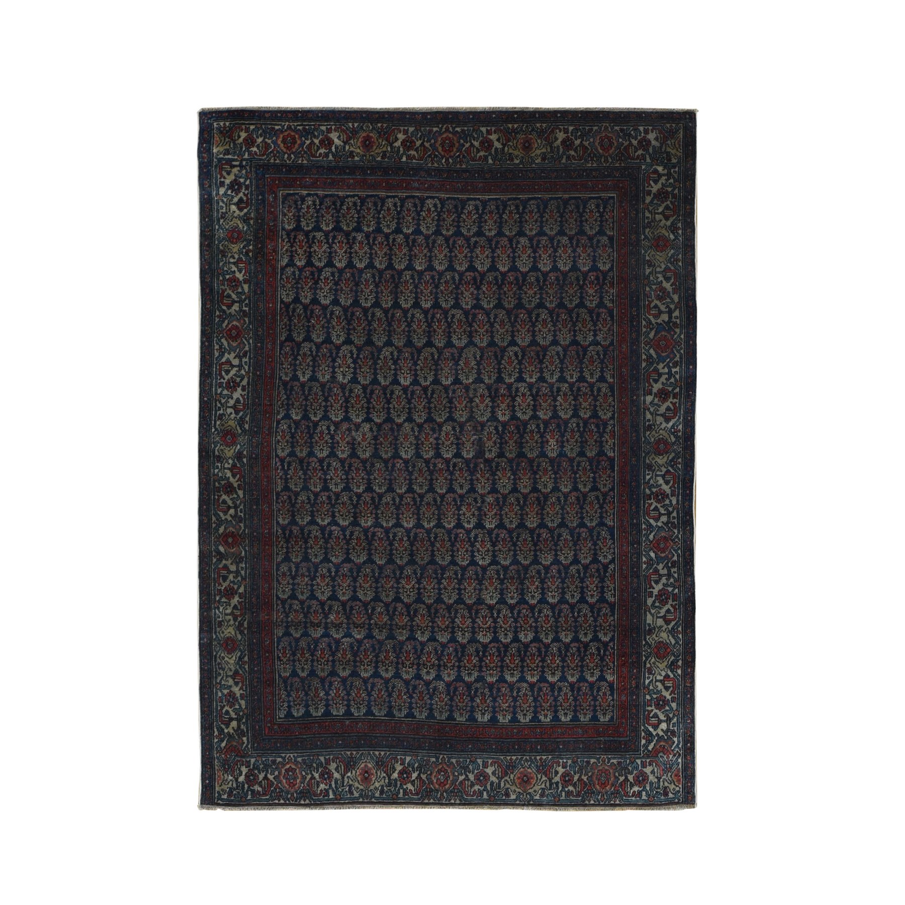 4'x6' Yankees Blue, Antique Persian Senneh, All Over Paisley Repetitive Design, Hand Knotted, Pure Wool, Super Dense Weave, Slight Wear, Cleaned with Sides and Ends Secured, Oriental Rug Sh87479