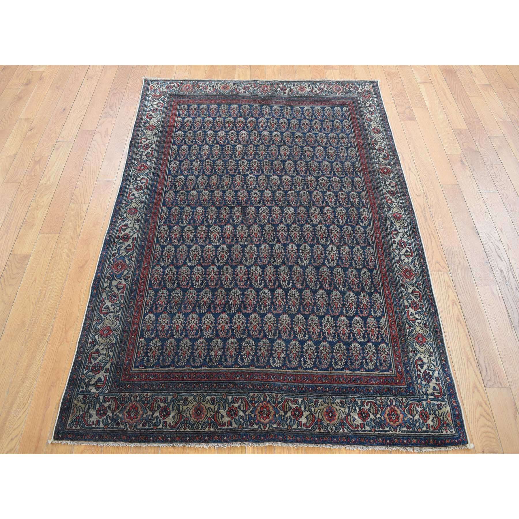 4'x6' Yankees Blue, Antique Persian Senneh, All Over Paisley Repetitive Design, Hand Knotted, Pure Wool, Super Dense Weave, Slight Wear, Cleaned with Sides and Ends Secured, Oriental Rug Sh87479 - Image 4