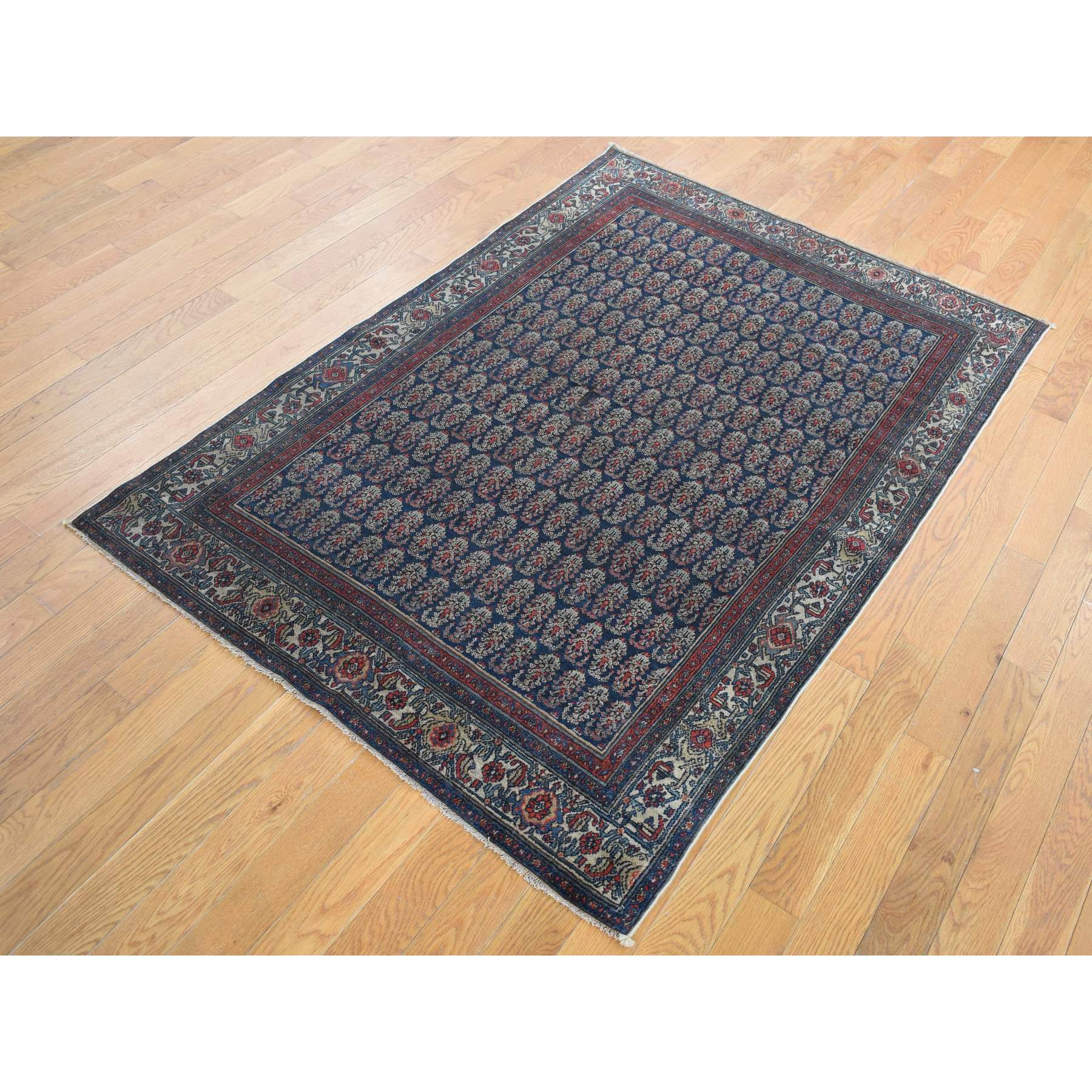 4'x6' Yankees Blue, Antique Persian Senneh, All Over Paisley Repetitive Design, Hand Knotted, Pure Wool, Super Dense Weave, Slight Wear, Cleaned with Sides and Ends Secured, Oriental Rug Sh87479 - Image 3