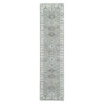 2'6"x11'8" Mist Gray, Karajeh and Geometric Design, Pure Wool, Hand Knotted, Oriental, Runner Rug Sh10071