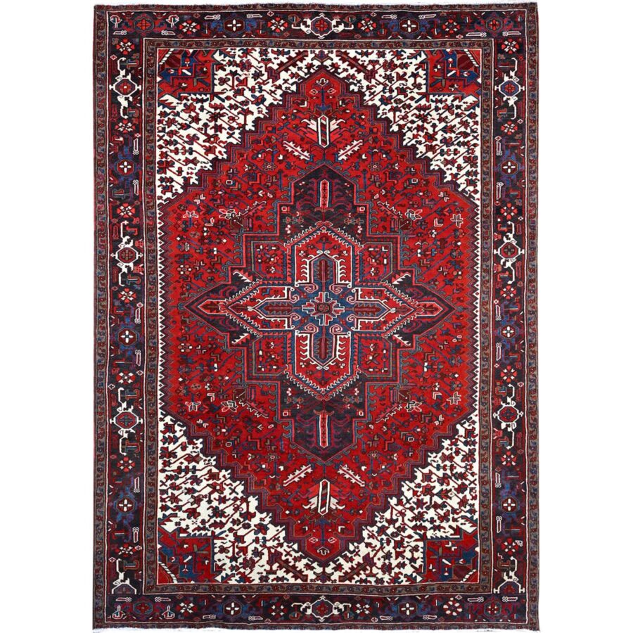 9'3"x11'8" Watermelon Red, Cleaned, Semi Antique Persian Heriz Design and Geometric Medallions, Great Condition Vibrant Wool, Sides and Ends Professionally Secured, Cropped Thin, Evenly Worn Oriental Rug Sh105