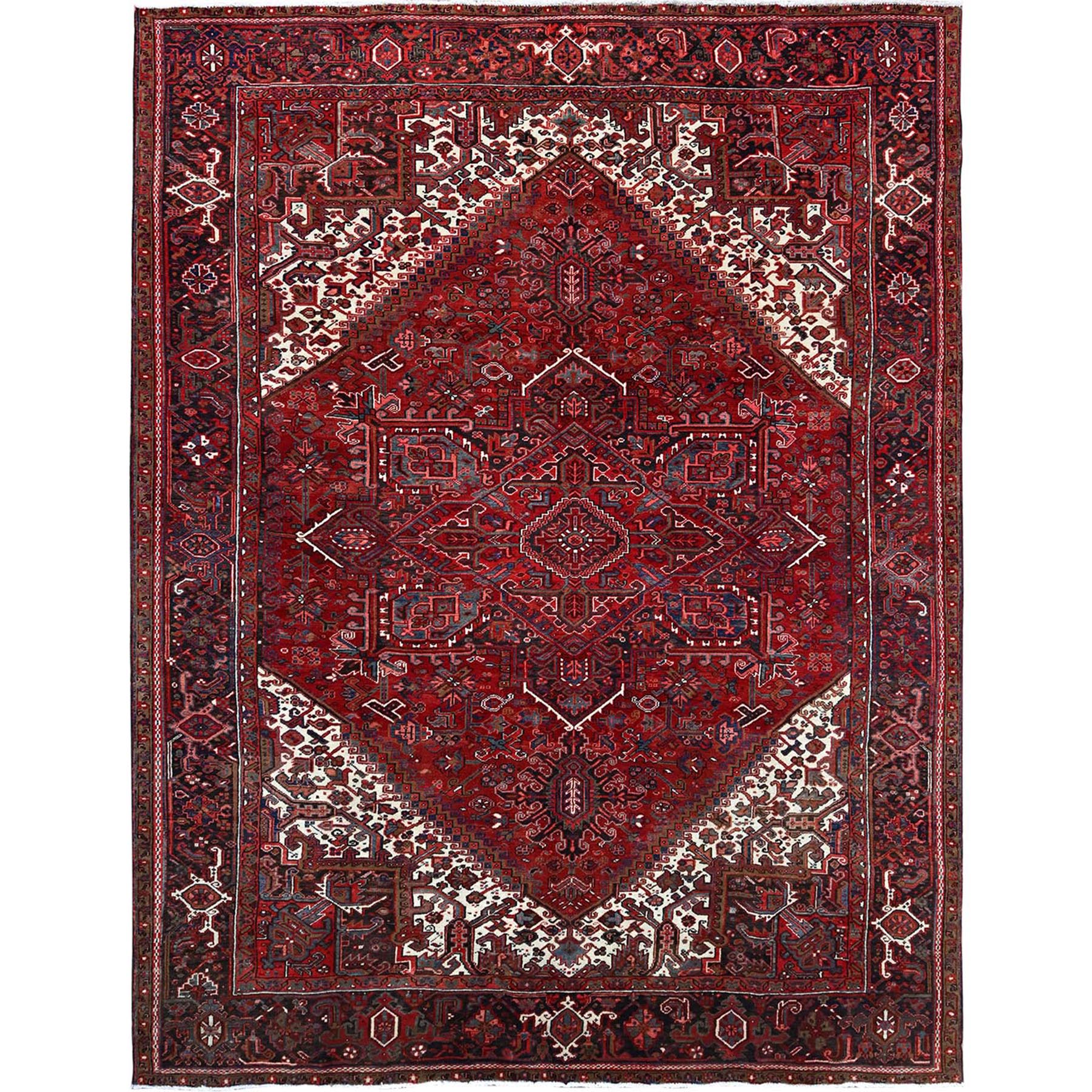 9'8"x12'4" Scarlet Red With Bistro White Corners, Hand Knotted Cropped Thin, Vintage Persian Heriz With Central Geometric Medallion Design, 100% Wool, Even Wear, Good Condition, Sides and Ends Professionally Secured, Oriental Rug Sh108