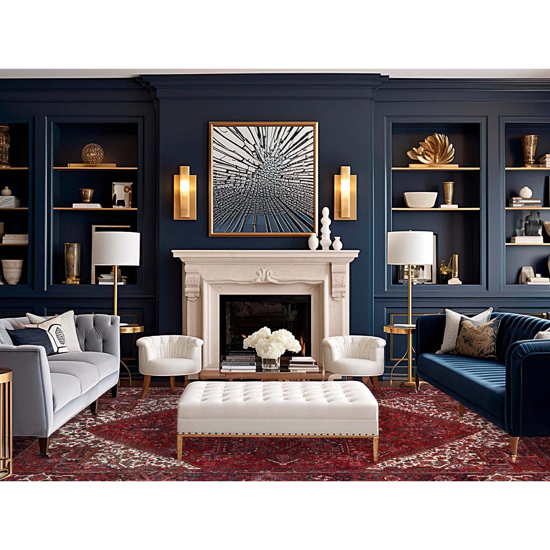 9'8"x12'4" Scarlet Red With Bistro White Corners, Hand Knotted Cropped Thin, Vintage Persian Heriz With Central Geometric Medallion Design, 100% Wool, Even Wear, Good Condition, Sides and Ends Professionally Secured, Oriental Rug Sh108 - Image 4