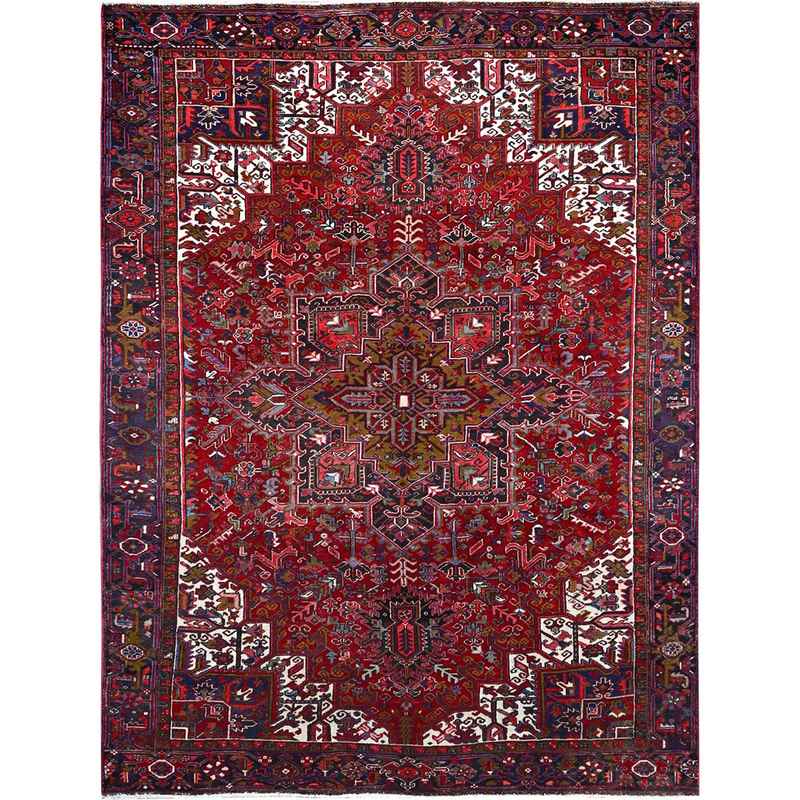 9'1"x12'4" Nationals Red, Even Wear, Clean, Semi Antique Persian Heriz, Mint Condition, Sides And Ends Secured Professionally, Natural Wool, Sheared Low, Hand Knotted, Oriental Rug Sh115
