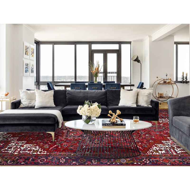 9'1"x12'4" Nationals Red, Even Wear, Clean, Semi Antique Persian Heriz, Mint Condition, Sides And Ends Secured Professionally, Natural Wool, Sheared Low, Hand Knotted, Oriental Rug Sh115 - Image 2