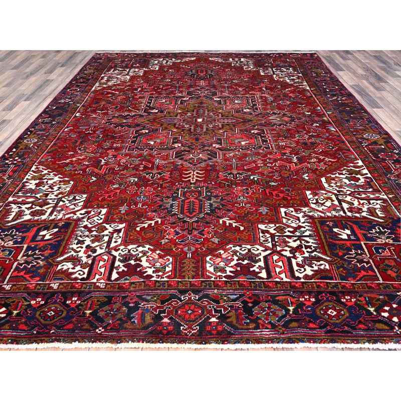 9'1"x12'4" Nationals Red, Even Wear, Clean, Semi Antique Persian Heriz, Mint Condition, Sides And Ends Secured Professionally, Natural Wool, Sheared Low, Hand Knotted, Oriental Rug Sh115 - Image 3