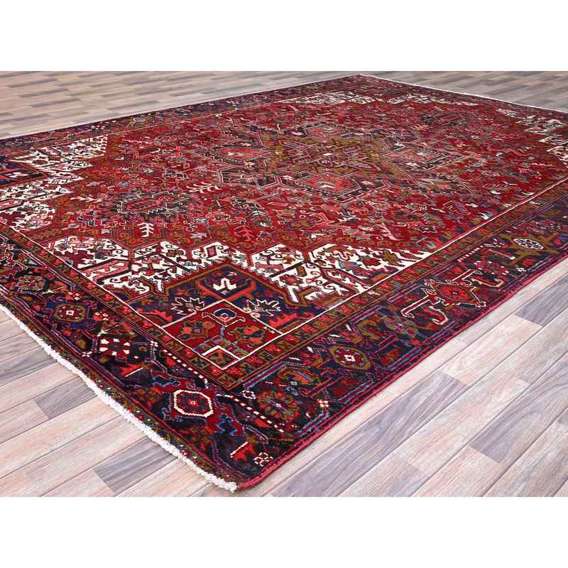 9'1"x12'4" Nationals Red, Even Wear, Clean, Semi Antique Persian Heriz, Mint Condition, Sides And Ends Secured Professionally, Natural Wool, Sheared Low, Hand Knotted, Oriental Rug Sh115 - Image 4