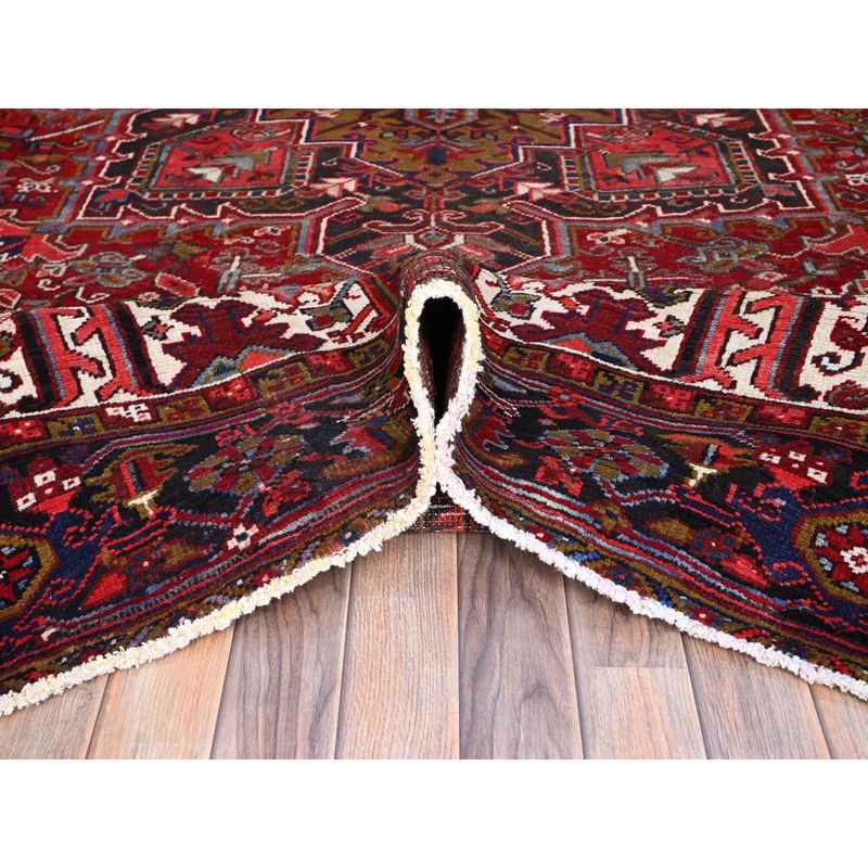 9'1"x12'4" Nationals Red, Even Wear, Clean, Semi Antique Persian Heriz, Mint Condition, Sides And Ends Secured Professionally, Natural Wool, Sheared Low, Hand Knotted, Oriental Rug Sh115 - Image 6