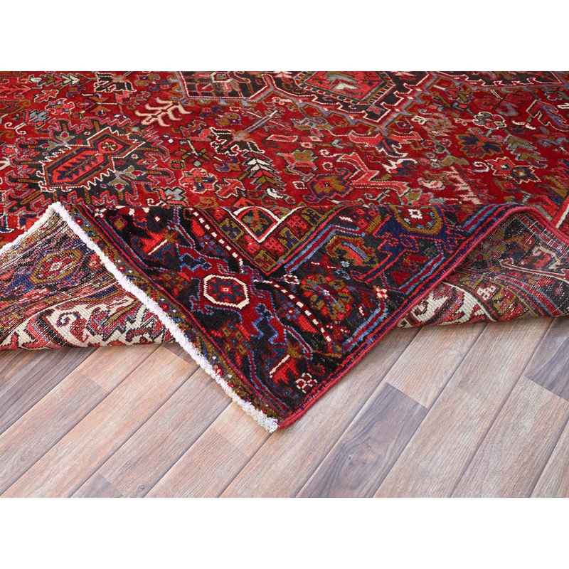 9'1"x12'4" Nationals Red, Even Wear, Clean, Semi Antique Persian Heriz, Mint Condition, Sides And Ends Secured Professionally, Natural Wool, Sheared Low, Hand Knotted, Oriental Rug Sh115 - Image 7