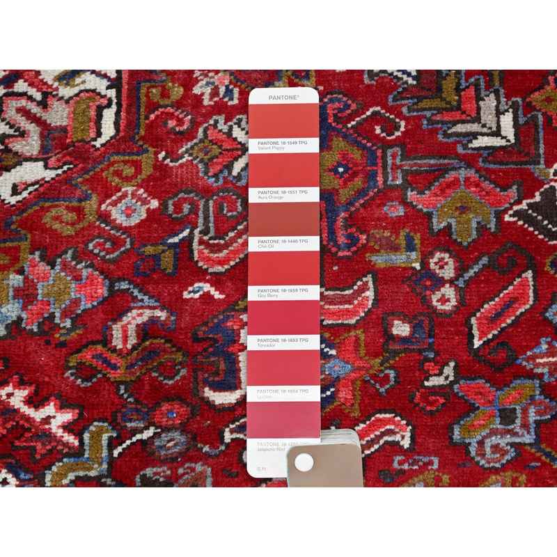 9'1"x12'4" Nationals Red, Even Wear, Clean, Semi Antique Persian Heriz, Mint Condition, Sides And Ends Secured Professionally, Natural Wool, Sheared Low, Hand Knotted, Oriental Rug Sh115 - Image 8