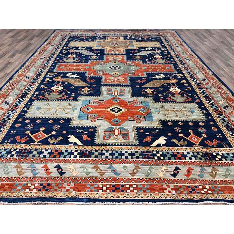 9'10"x13'7" Astros Navy Blue, Armenian Inspired Caucasian Design, 200 KPSI, Hand Knotted with Small Bird Figurines, Velvety Wool, Densely Woven Vegetable Dyes Oriental Rug Sh144 - Image 3