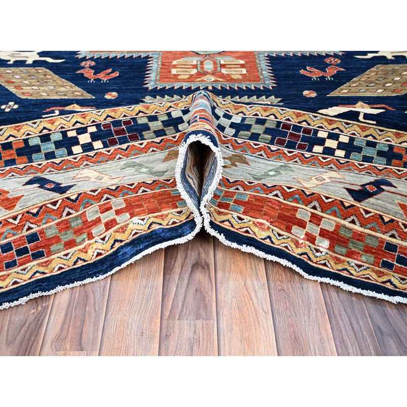 9'10"x13'7" Astros Navy Blue, Armenian Inspired Caucasian Design, 200 KPSI, Hand Knotted with Small Bird Figurines, Velvety Wool, Densely Woven Vegetable Dyes Oriental Rug Sh144 - Image 6