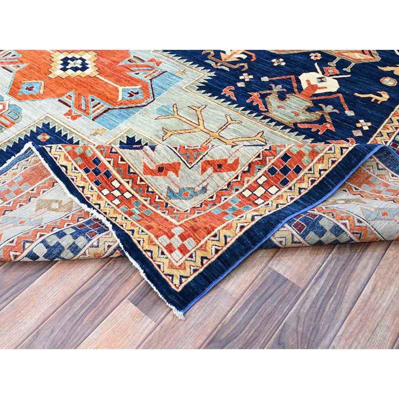 9'10"x13'7" Astros Navy Blue, Armenian Inspired Caucasian Design, 200 KPSI, Hand Knotted with Small Bird Figurines, Velvety Wool, Densely Woven Vegetable Dyes Oriental Rug Sh144 - Image 7