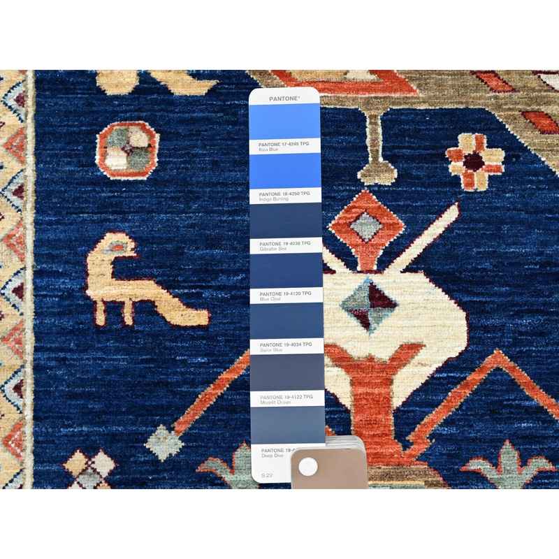 9'10"x13'7" Astros Navy Blue, Armenian Inspired Caucasian Design, 200 KPSI, Hand Knotted with Small Bird Figurines, Velvety Wool, Densely Woven Vegetable Dyes Oriental Rug Sh144 - Image 8