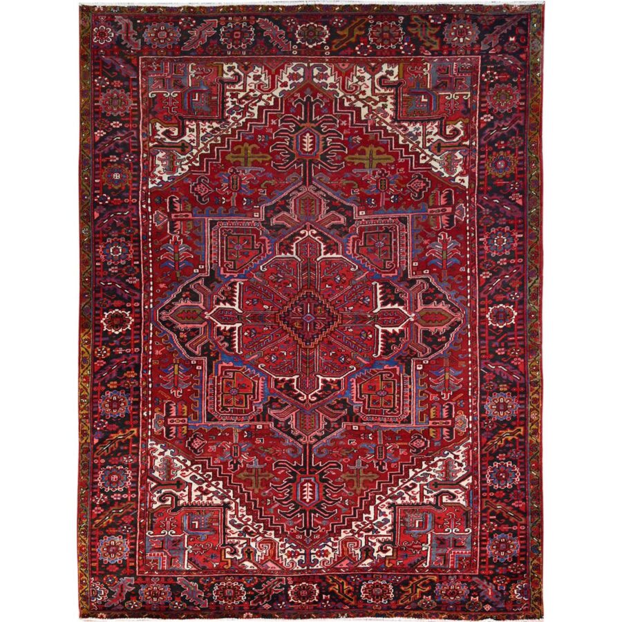 8'4"x11'3" Candy Apple Red, Cleaned, With Salt White Corners And Colorful Centre Geometric Medallion, Vibrant Wool, Natural Dyes, Hand Knotted, Tribal Weave, Old Persian Heriz Oriental Rug Sh165