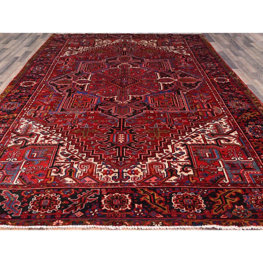 8'4"x11'3" Candy Apple Red, Cleaned, With Salt White Corners And Colorful Centre Geometric Medallion, Vibrant Wool, Natural Dyes, Hand Knotted, Tribal Weave, Old Persian Heriz Oriental Rug Sh165 - Image 3