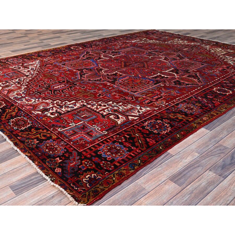 8'4"x11'3" Candy Apple Red, Cleaned, With Salt White Corners And Colorful Centre Geometric Medallion, Vibrant Wool, Natural Dyes, Hand Knotted, Tribal Weave, Old Persian Heriz Oriental Rug Sh165 - Image 2