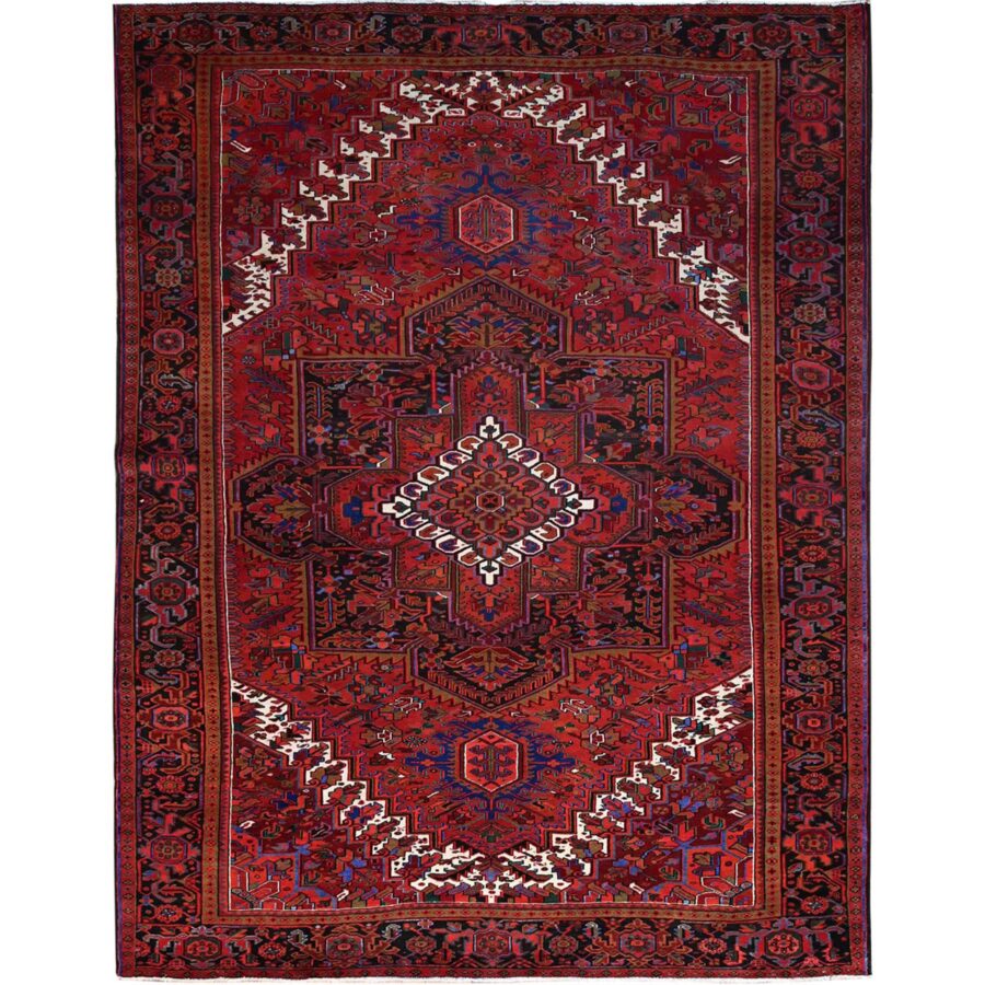9'10"x12'6" Sceptre Red, Cleaned, Good Condition, Pure Wool, Ends And Sides Secured, Semi Antique Tribal Weaving Persian Heriz With Centre Flower Pattern, Oriental Rug Sh167