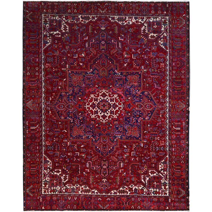 9'8"x12'7" Carmine Red, Sides And Ends Secured Professionally, Vintage Persian Heriz, Good Condition, Tribal Weave, All Natural Wool, Oriental Rug Sh170
