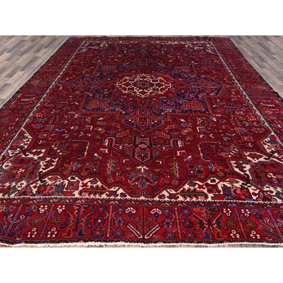 9'8"x12'7" Carmine Red, Sides And Ends Secured Professionally, Vintage Persian Heriz, Good Condition, Tribal Weave, All Natural Wool, Oriental Rug Sh170 - Image 3