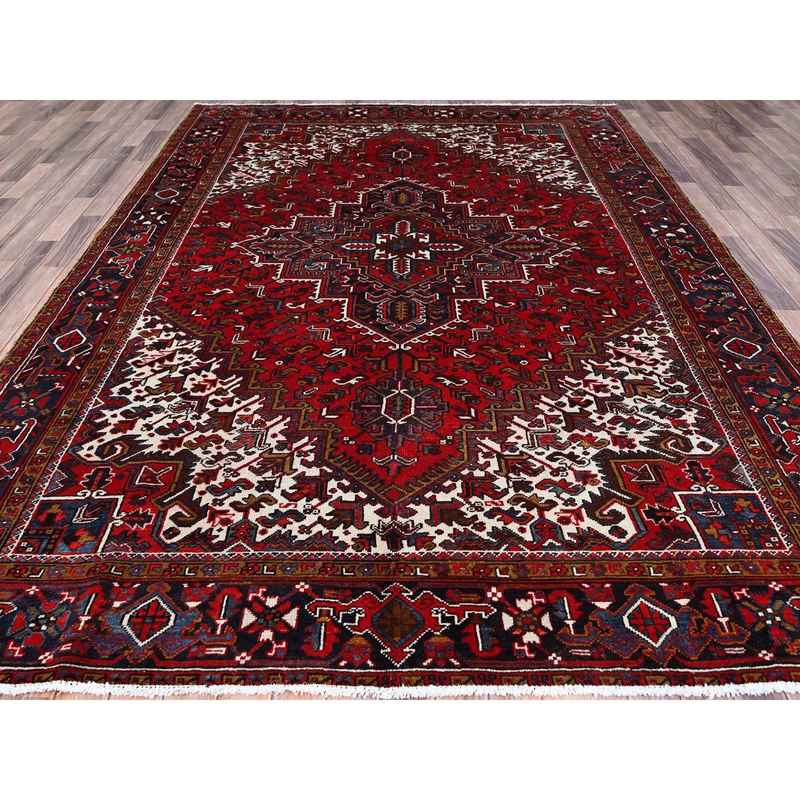 7'9"x10'9" Ruby Red With Geometric Medallion, Sides And Ends Secured Professionally, Tribal Weave, Hand Knotted, 100% Wool, Cropped Thin, Semi Antique Persian Heriz Oriental Rug Sh174 - Image 3