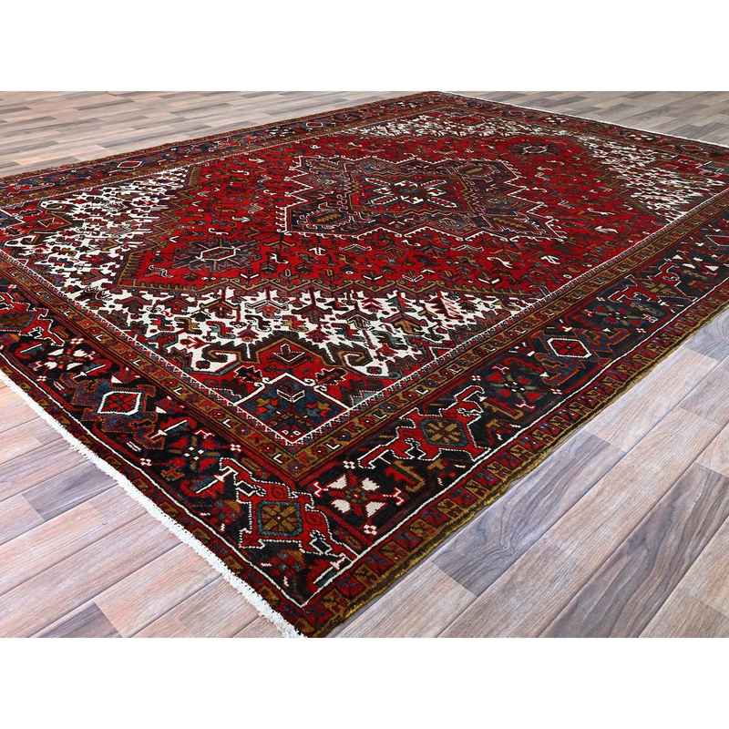 7'9"x10'9" Ruby Red With Geometric Medallion, Sides And Ends Secured Professionally, Tribal Weave, Hand Knotted, 100% Wool, Cropped Thin, Semi Antique Persian Heriz Oriental Rug Sh174 - Image 4