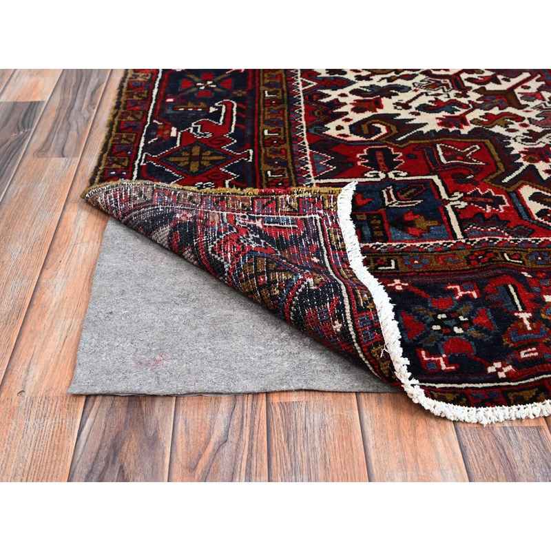 7'9"x10'9" Ruby Red With Geometric Medallion, Sides And Ends Secured Professionally, Tribal Weave, Hand Knotted, 100% Wool, Cropped Thin, Semi Antique Persian Heriz Oriental Rug Sh174 - Image 5
