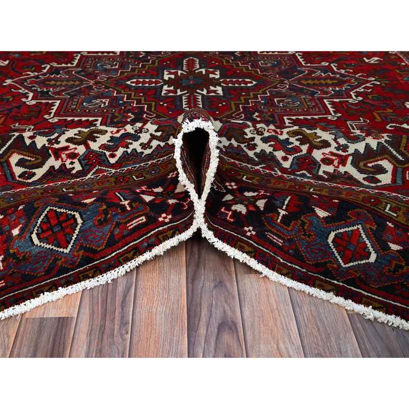 7'9"x10'9" Ruby Red With Geometric Medallion, Sides And Ends Secured Professionally, Tribal Weave, Hand Knotted, 100% Wool, Cropped Thin, Semi Antique Persian Heriz Oriental Rug Sh174 - Image 6