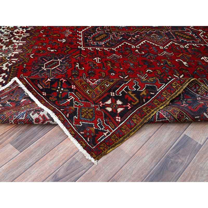 7'9"x10'9" Ruby Red With Geometric Medallion, Sides And Ends Secured Professionally, Tribal Weave, Hand Knotted, 100% Wool, Cropped Thin, Semi Antique Persian Heriz Oriental Rug Sh174 - Image 7