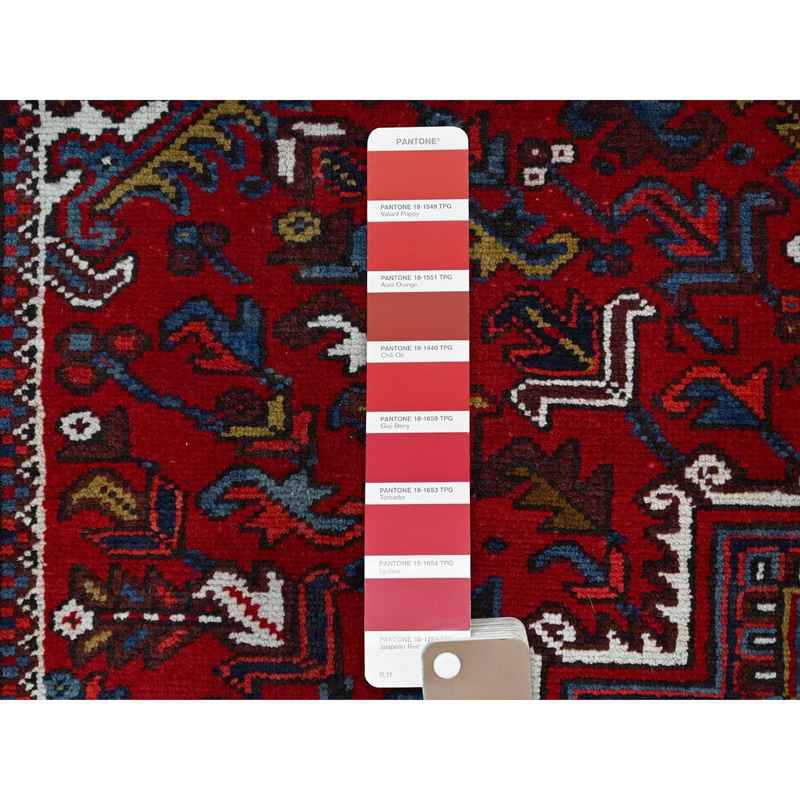 7'9"x10'9" Ruby Red With Geometric Medallion, Sides And Ends Secured Professionally, Tribal Weave, Hand Knotted, 100% Wool, Cropped Thin, Semi Antique Persian Heriz Oriental Rug Sh174 - Image 8