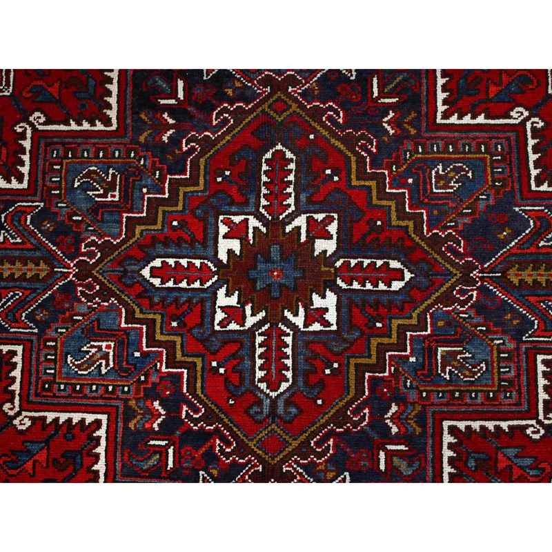 7'9"x10'9" Ruby Red With Geometric Medallion, Sides And Ends Secured Professionally, Tribal Weave, Hand Knotted, 100% Wool, Cropped Thin, Semi Antique Persian Heriz Oriental Rug Sh174 - Image 9