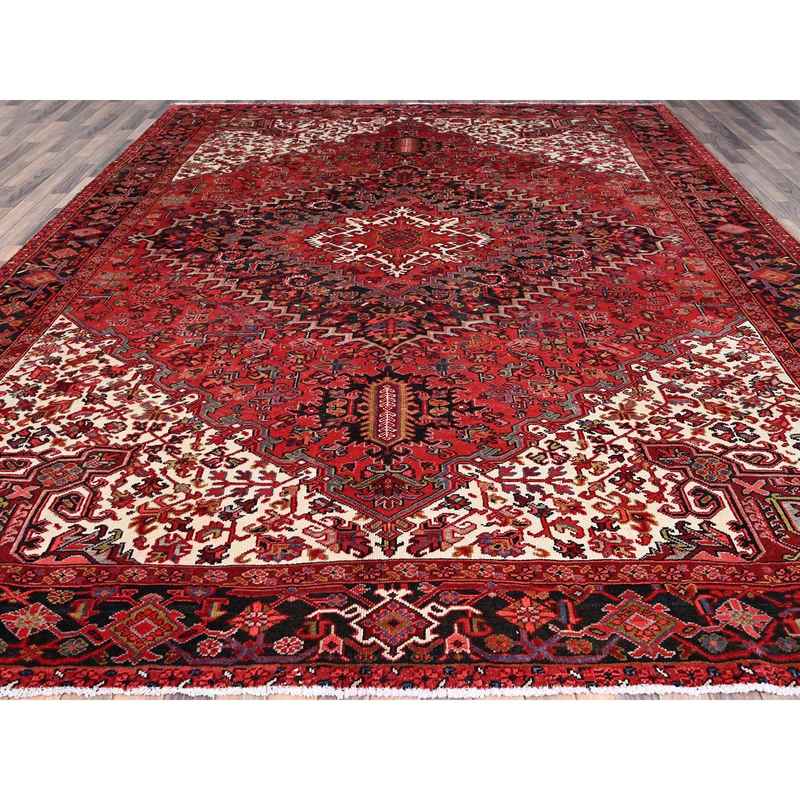 10'5"x12'8" Valiant Poppy Red, All Natural Wool, Secured Ends And Sides, Mint Condition, Hand Knotted, Tribal Weave, Persian Heriz, Sheared Low, Tribal Village Semi Antique Oriental Rug Sh183 - Image 3