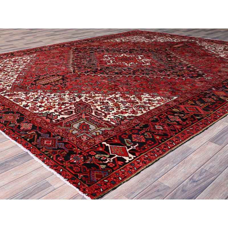 10'5"x12'8" Valiant Poppy Red, All Natural Wool, Secured Ends And Sides, Mint Condition, Hand Knotted, Tribal Weave, Persian Heriz, Sheared Low, Tribal Village Semi Antique Oriental Rug Sh183 - Image 4
